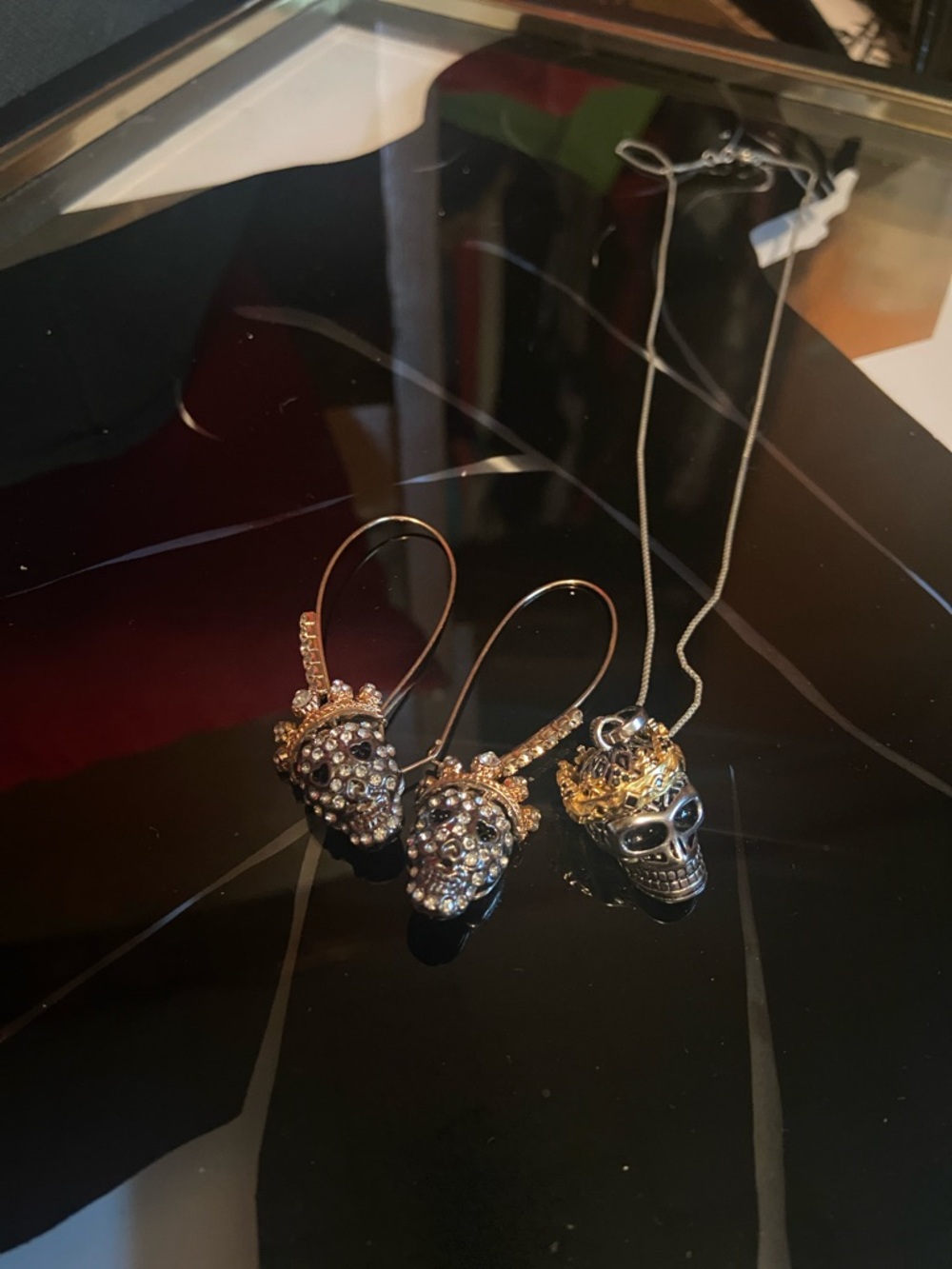 925 Sterling Skull Pendant Necklace with Gold Crown and Betsey Johnson Earrings